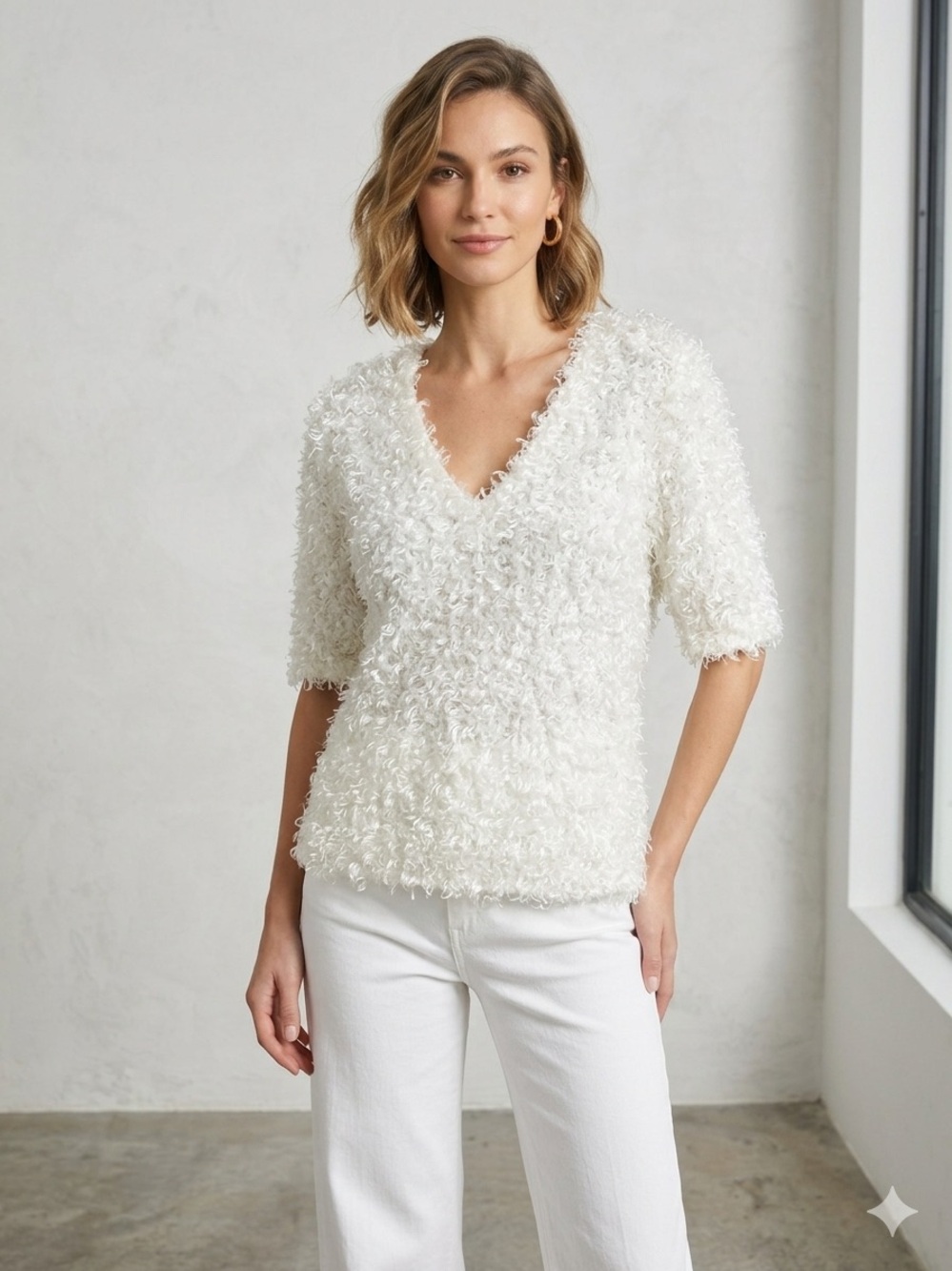 Cache White Textured V-Neck Short Sleeve Top